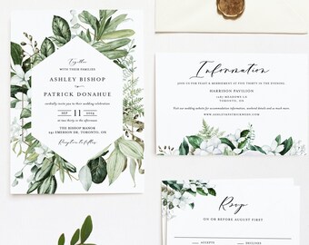 Printable Greenery Wedding Invitation Set Template - Rustic Watercolor Greenery Magnolias Invite + Enclosure Cards - DIY Wedding Suite GR28