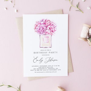 Druckbare Parfüm Geburtstagseinladung Vorlage - DIY Aquarell Parfüm Flasche & rosa Blumen Sweet 16 Party Invite - Bearbeitbare Invite WFPF6