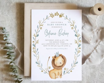 Printable Lion Baby Shower Invitation Template - Watercolor Lion Prince It's a Boy Safari Baby Shower Invite - Editable Baby Shower WLP32