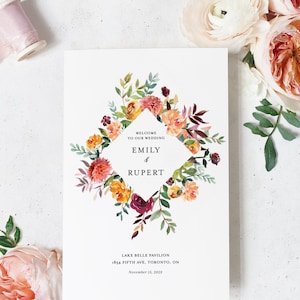 Printable Fall Wedding Program Booklet Template - Watercolor Autumn Blooms Frame Ceremony Booklet - DIY Burgundy & Orange Florals AB41