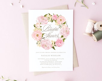 Printable Floral Wreath Bridal Shower Invitation Template - Watercolor Blush Pink Peony Wreath Bridal Shower Invitation - Editable Invite