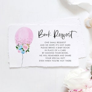 Roze ballonboek aanvraagkaart - afdrukbare aquarel ballon & bloemen meisje baby shower boeken voor baby invoegen - Instant Download BB18