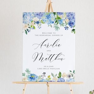 Printable Floral Rehearsal Dinner Welcome Sign Template, Watercolor Blue Hydrangeas & Ivory Roses Rehearsal Dinner Sign, Editable Sign #024
