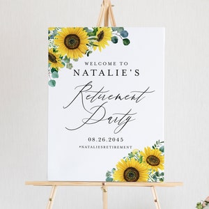Plantilla de cartel de bienvenida para fiesta de jubilación de girasoles rústicos imprimibles - Decoración de jubilación de verano de girasoles y eucaliptos - Signo editable SE35