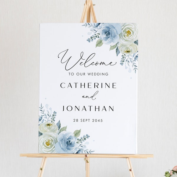 Printable Blue Floral Wedding Welcome Sign Template - 18x24 Watercolor Blue and Ivory Roses Wedding Poster - Editable Wedding Sign IB12