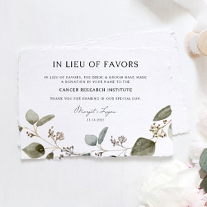 Rustic In Lieu of Favors Card Template - Printable vintage Aquarelle Seeded Eucalyptus Donation Card - DIY, Editable, Templett SE05