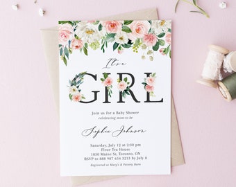 Printable It's a Girl Floral Baby Shower Invitation Template - Watercolor Blush and White Flowers Baby Shower Invite - DIY Editable Templett