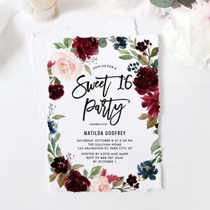 Printable Fall Sweet 16 Party Invitation Template - Boho Watercolor Burgundy Autumn Floral Wreath Sweet Sixteen Invite - Editable DIY BAW81