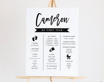Printable First Birthday Milestone Sign Template - Amelia Script Gender Neutral 1st Birthday Milestone Board -Editable Baby Milestone Poster