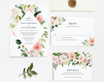 Printable Floral Wedding Invitation Set Template - DIY Romantic Watercolor Pink and White Flowers Wedding Suite Bundle - Editable PWF65
