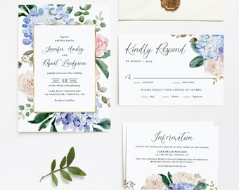 Printable Blue Floral Wedding Invitation Template - DIY Watercolor Hydrangeas and Roses Gold Foil Frame Wedding Bundle - Editable BHR5
