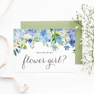 Blaue Hortensien werden Sie mein Blumenmädchen sein - 5 x 7 Aquarell Blau Blumen Brautparty Blumenmädchen Vorschlag - Instant Download #024