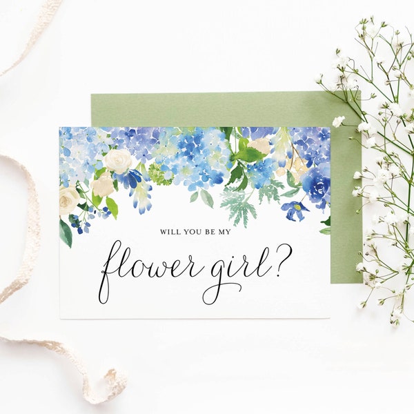 Blue Hydrangeas Will You Be My Flower Girl Card - 5x7 Watercolor Blue Floral Bridal Party Flower Girl Proposal - Instant Download #024