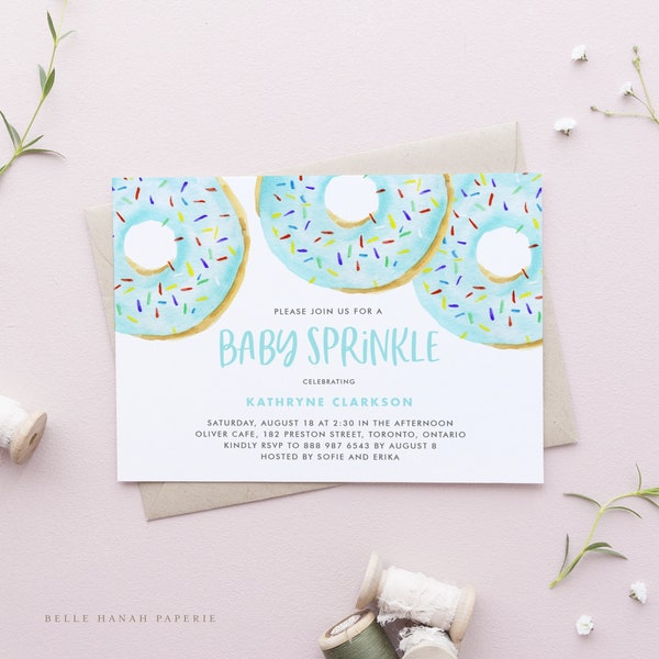 Printable Blue Donuts Baby Sprinkle Invitation Template - DIY Watercolor Blue Donuts Boy Baby Sprinkle Shower Evite - Editable Invite BD32