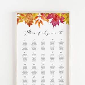 Imprimable rustique automne mariage sièges graphique modèle - bricolage aquarelle chute feuilles automne mariage Table Plan signe - modifiable WFL18