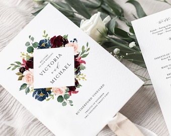 Printable Fall Wedding Program Fans Template - Editable Watercolor Burgundy, Blush and Navy Blue Flowers Wedding Fan - Templett BNB65