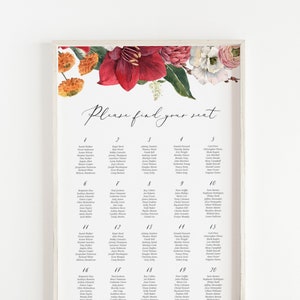 Plantilla de tabla de asientos de boda floral roja - Signo de plan de mesa de boda de amarilis y crisantemos de acuarela imprimible - WBL32 editable