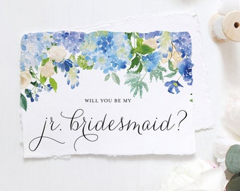 Blue Hydrangeas Will You Be My Jr. Bridesmaid Card - 5x7 Watercolor Blue Floral Junior Bridesmaid Proposal - Instant Download #024