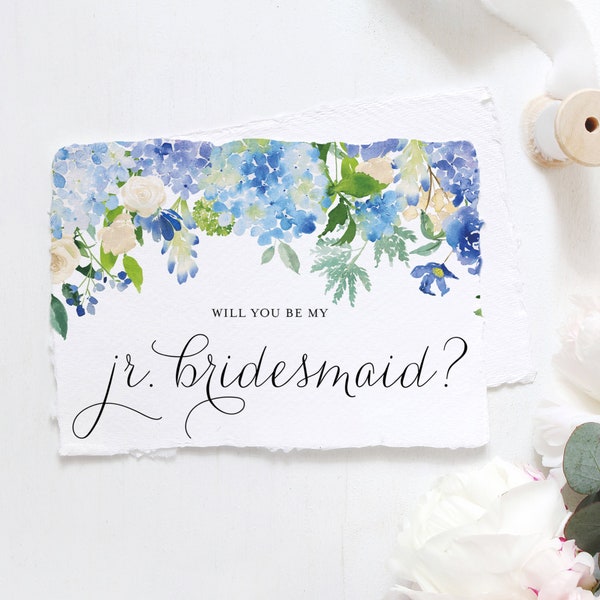 Blue Hydrangeas Will You Be My Jr. Bridesmaid Card - 5x7 Watercolor Blue Floral Junior Bridesmaid Proposal - Instant Download #024