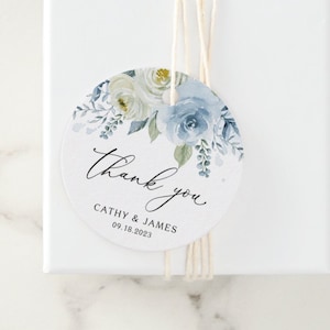 Blue Floral Wedding Thank You Tags Template - Printable Blue and Ivory Roses Wedding Favor Tag Sticker - Editable Circle and Square Tag IB12