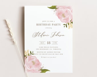 Plantilla de invitación a fiesta de cumpleaños floral rosa imprimible - DIY Blush Pink Roses and Peonies Sweet 16 Evite - Invitación de cumpleaños editable WP66