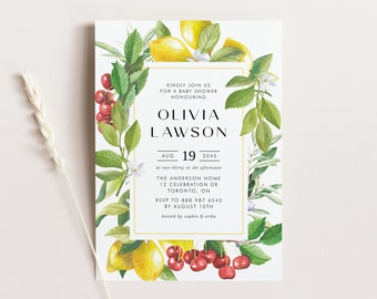 Plantilla de invitación imprimible para baby shower con limón - DIY acuarela limón y arándano verano Baby Shower Evite - invitación editable LC89