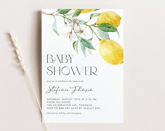 Printable Lemon Baby Shower Invitation Template - Watercolor Lemon Bouquet Summer Baby Shower Evite - Editable gender Neutral Invite NL75