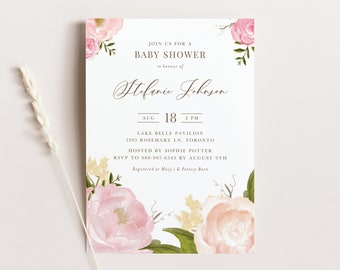 Printable Blush Floral Baby Shower Invitation Template - Pink Watercolor Roses and Peonies Baby Shower Evite - Editable Baby Invite WP65