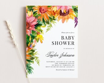 Modello di invito per baby shower a tema girasole - Invito stampabile per baby shower estivo autunnale con girasoli rustici acquerellati - Invito modificabile AS18