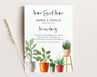 Printable Housewarming Invitation Template - DIY Watercolor Potted Indoor Plants Housewarming Party Evite - Editable Invitation IP78