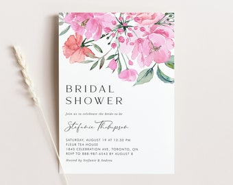 Printable Floral Bridal Shower Invitation Template - DIY Boho Watercolor Pink Flowers Garden Couples Shower Evite - Editable Invitation PF68