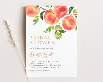 Printable Peaches Bridal Shower Invitation Template - DIY Watercolor Peaches Summer Bridal Luncheon Evite - Editable Invitation PF42