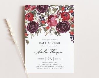 Szablon zaproszenia na jesienne baby shower do wydrukowania - DIY akwarelowe jesienne kwiatowe zaproszenie na baby shower - edytowalne zaproszenie na baby shower boho WA18