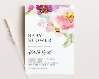 May include: A watercolour floral design baby shower invitation with pink, purple, and green flowers. The invitation text reads "Baby Shower" and "Join us to celebrate the mom-to-be Kamilla Smith". The invitation also includes the date, time, location, RSVP information, and the names of the hosts.