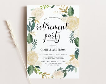 Printable Floral Wreath Retirement Party Invitation Template - DIY Watercolor Ivory Peony Retirement Evite - Editable Retirement Invite GP78