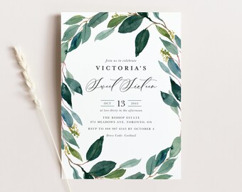 May include: A green and white watercolor floral wreath surrounds a white invitation card with black text. The invitation is for Victoria's Sweet Sixteen, on October 13th, 2045 at The Bishop Estate, 874 Meadows Ave, Toronto, ON. RSVP by October 4th. Dress code: Cocktail.