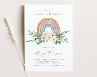 May include: A baby shower invitation featuring a watercolour rainbow and floral design. The invitation reads "Join us for a Baby Shower in honour of Avery Thompson. Saturday, August 18th at 2:30 PM, Lake Belle Pavilion, 145 Rosemary St, Toronto. Kindly RSVP to 888 987 6543 by August 7th. Belle Hanah Paperie."