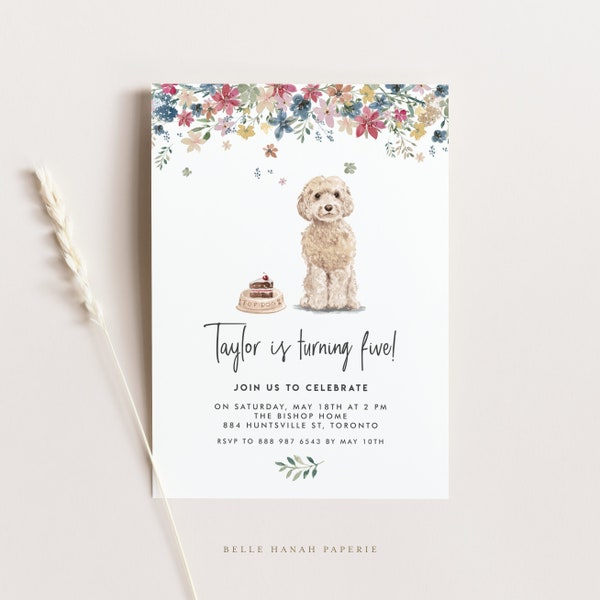 Printable Cockapoo Birthday Invitation Template - DIY Cute Watercolor Champagne Cockapoo Birthday Party Invite - Editable Dog Invitation