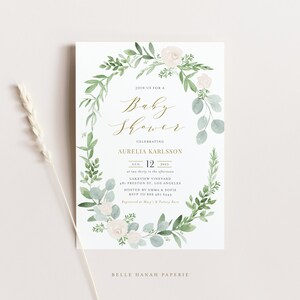 Greenery Baby Shower Invitation Template  - Watercolor Greenery Floral Wreath Baby Shower Invite - DIY, Printable, Editable Templett GWF23