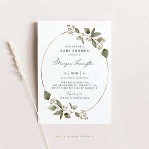 Modello stampabile di invito per baby shower nel verde - Cornice dorata di eucalipto con semi di acquerello vintage Baby Shower Evite, invito modificabile SE05