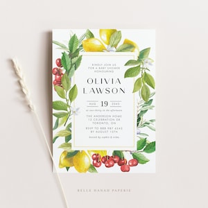 Printable Lemon Baby Shower Invitation Template - DIY Watercolor Lemon and Cranberry Summer Baby Shower Evite - Editable Invitation LC89
