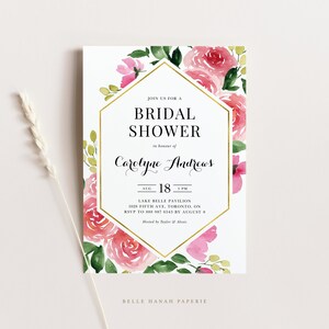 Printable Pink Floral Bridal Shower Invitation Template - Watercolor Pink Roses Gold Frame Bridal Luncheon Evite - Editable Invite PR65