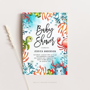 Printable Under the Sea Baby Shower Invitation Template DIY Watercolor Sea Creatures Summer Baby Shower Evite Editable Invitation UWF2 image 1