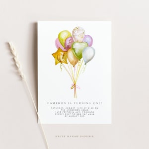 Printable Watercolor Balloons Birthday Invitation Template - DIY Modern Balloons Birthday Party Evite - Editable Minimalist Invitation MB85