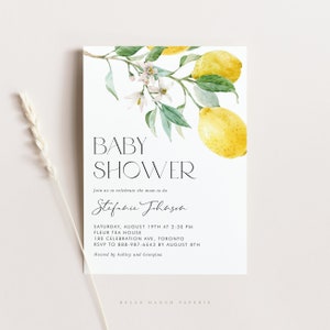Printable Lemon Baby Shower Invitation Template - Watercolor Lemon Bouquet Summer Baby Shower Evite - Editable gender Neutral Invite NL75
