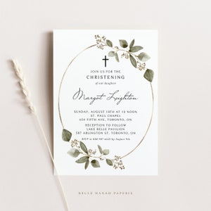 May include: A white card with a gold border and green watercolor leaves. The card is an invitation to a christening for Margot Leighton. The event will take place on Sunday, August 18th at 12 noon at St. Paul Chapel, 654 Fifth Ave, Toronto, ON. A reception will follow at Lake Belle Pavilion, 587 Arlington St, Toronto, ON. RSVP by August 9th.