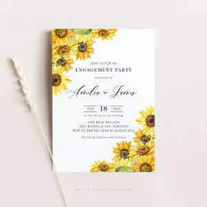 Op de afbeelding: Een zonnebloem-thema engagement party uitnodiging met een aquarel ontwerp. De uitnodiging bevat de namen "Amelie & James" en de datum "18 augustus 2045".