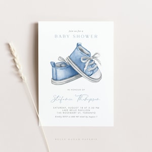 Modello di invito per baby shower con scarpine blu stampabili - Invito per baby shower con scarpine blu acquerello - Invito per baby shower modificabile BB95