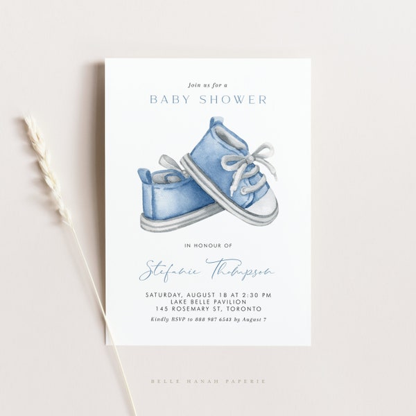 Modèle d'invitation pour baby shower chaussons bleus imprimable - aquarelle bleu chaussures bébé c'est une invitation garçon - invitation baby shower modifiable BB95