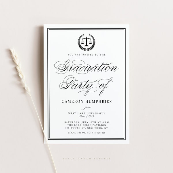 Printable Law School Graduation Invitation Template - Editable Elegant Script Scales of Justice Wreath Law School Grad Party Invitation